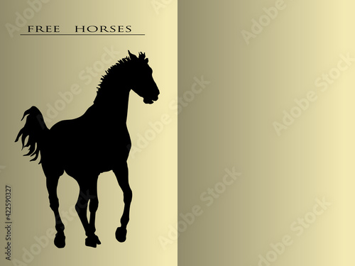 black realistic silhouette of a galloping horse on a light background, postcard, book spread 