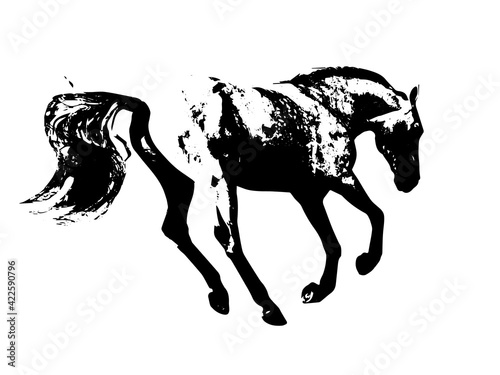 black realistic silhouette of a galloping horse on a light background, postcard, book spread  photo