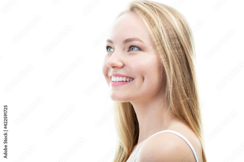 Happy young attractive blond woman with beautiful smile and healthy teeth, over white background. Dental health, whitening, prosthetics and care Happy young attractive blond woman with beautiful smile and healthy teeth, over white background. Dental health, whitening, prosthetics and care
