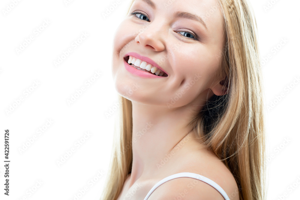Happy young attractive blond woman with beautiful smile and healthy teeth, over white background. Dental health, whitening, prosthetics and care Happy young attractive blond woman with beautiful smile and healthy teeth, over white background. Dental health, whitening, prosthetics and care