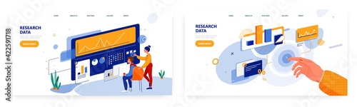 Research data landing page design, website banner vector template set. Business analysts analysing financial information