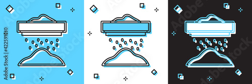 Set Sifting flour, cereals or powdered sugar through sieve icon isolated on blue and white, black background. Vector