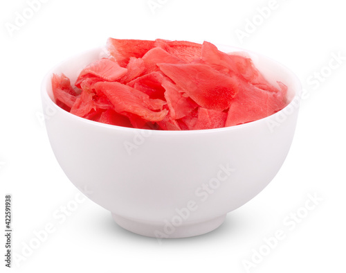 pickled ginger in glass bowl isolated on white background with clipping path