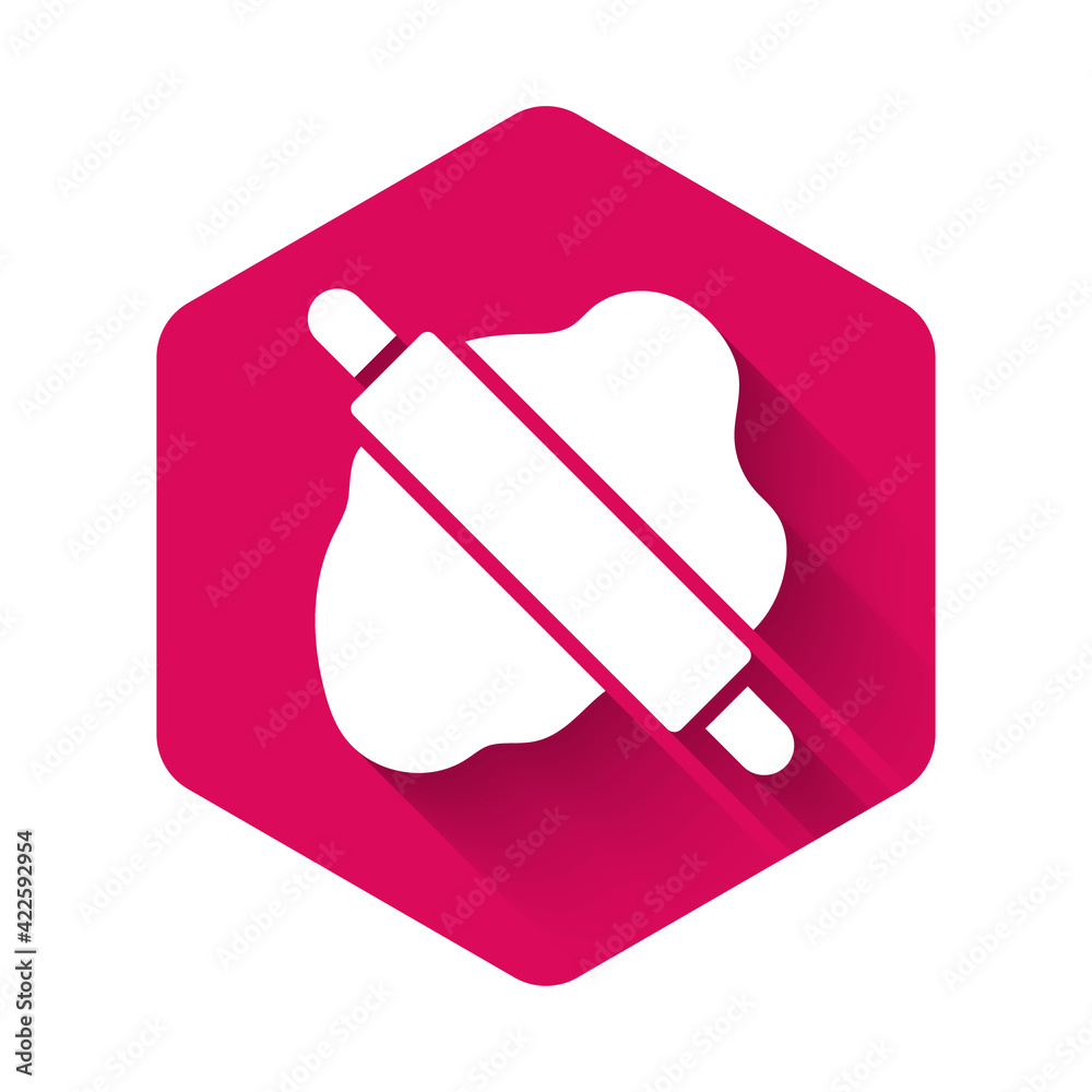 White Rolling pin on dough icon isolated with long shadow background. Pink hexagon button. Vector White Rolling pin on dough icon isolated with long shadow background. Pink hexagon button. Vector