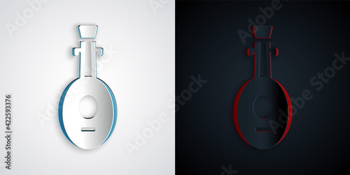 Paper cut Musical instrument lute icon isolated on grey and black background. Arabic, Oriental, Greek music instrument. Paper art style. Vector
