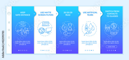 Digital eyestrain prevention tips onboarding vector template. Switch from contacts to glasses. Responsive mobile website with icons. Webpage walkthrough step screens. RGB color concept