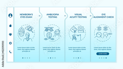 Eye screening for children onboarding vector template. Visual acuity testing. Eye alignment check. Responsive mobile website with icons. Webpage walkthrough step screens. RGB color concept