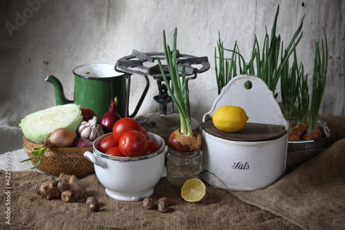 Antiques, old items with vegetables.