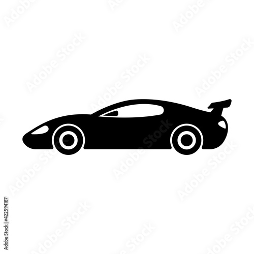 Sports racing car icon. Black silhouette. Side view. Vector simple flat graphic illustration. The isolated object on a white background. Isolate. © far700