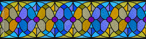 Colored stained glass window. Art Nouveau interior design style. Abstract stained-glass background. Olive color, yellow, blue, purple. Modern stained glass. Vintage. Seamless pattern.