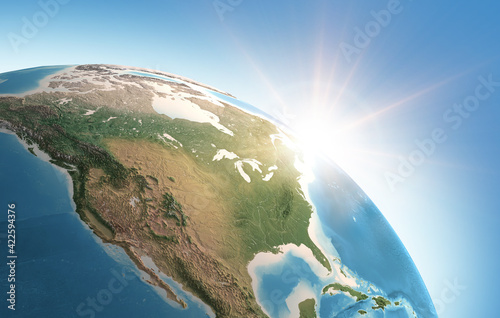Sun shining over a high detailed view of Planet Earth, focused on North America, USA and Canada. 3D illustration - Elements of this image furnished by NASA photo