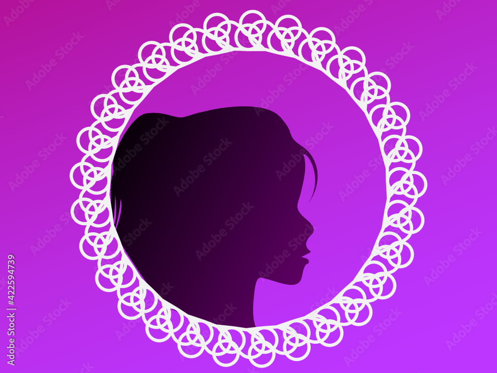 Silhouette of a girl's head in a lace frame on a pink background. The shadow of a woman in a round frame.