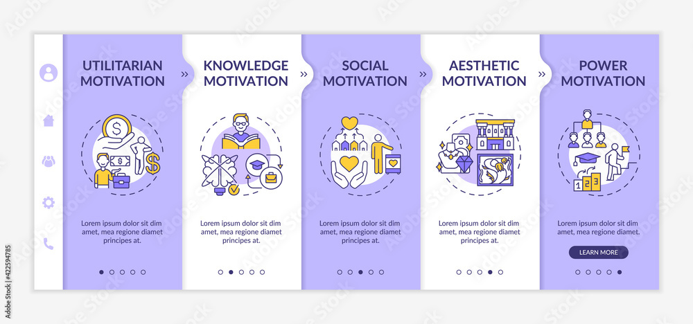 Motivational factors onboarding vector template. Motivation for work and education. Inspiration. Responsive mobile website with icons. Webpage walkthrough step screens. RGB color concept