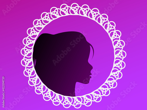 Silhouette of a girl's head in a lace frame on a pink background. The shadow of a woman in a round frame.
