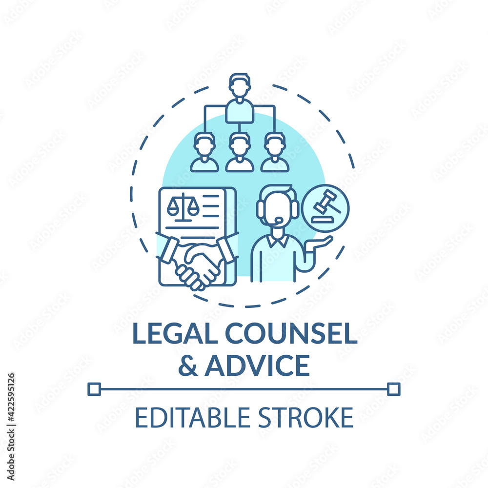 Legal counsel and advice concept icon. Legal services categories. Provides timely legal protection and advice idea thin line illustration. Vector isolated outline RGB color drawing. Editable stroke