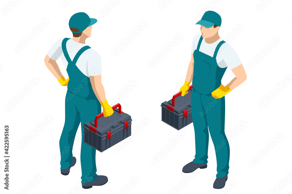 Isometric repairman or mechanic with a toolbox. Man working, holds toolbox with instrument Isometric repairman or mechanic with a toolbox. Man working, holds toolbox with instrument