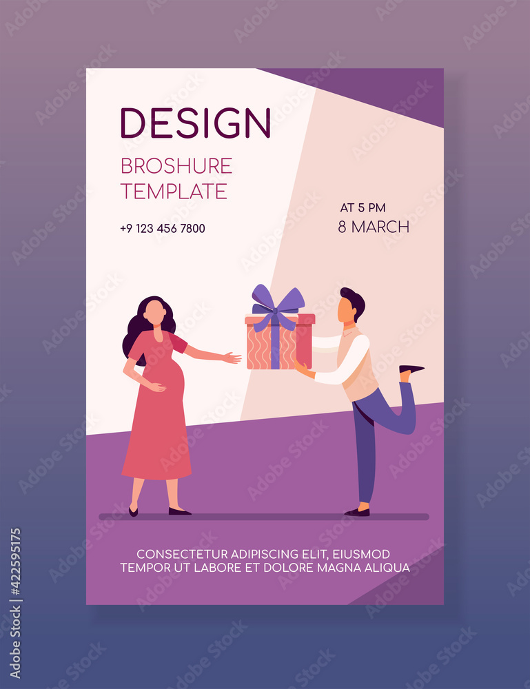 Man giving gift to his pregnant wife. Expecting couple, parents, present for baby flat vector illustration. Family, pregnancy, love concept for banner, website design or landing web page