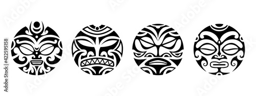 Set of round tattoo ornament with sun face maori style. Ethnic, african, aztec, Indian totem mask collection.
