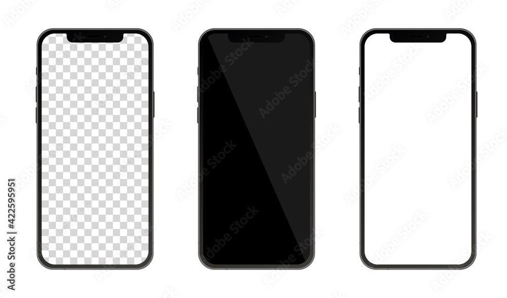 Smartphone realistic mockup set. Mobile phone blank, white, black transparent screen design mockup. Vector illustration Smartphone realistic mockup set. Mobile phone blank, white, black transparent screen design mockup. Vector illustration