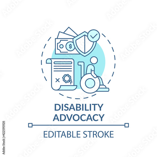 Disability advocacy concept icon. Legal services types. Protect human rights of people with disabled body idea thin line illustration. Vector isolated outline RGB color drawing. Editable stroke