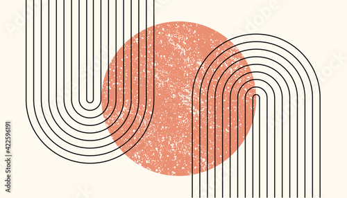 Abstract aesthetic boho textured background with arch and sun. Vector wall decor in terracota color. Mid century modern minimalist art design.