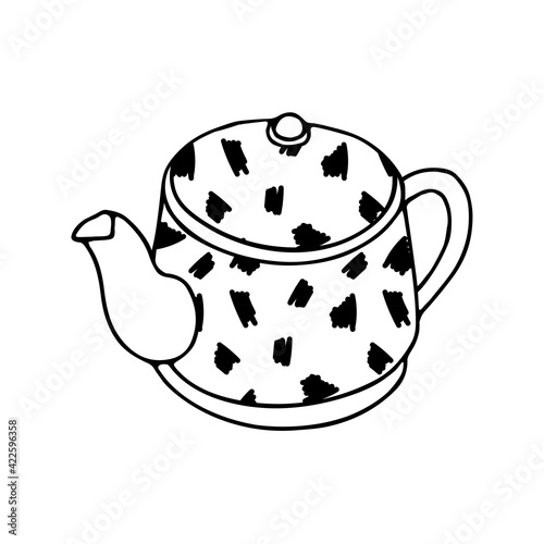 Black hand drawing illustration of a metal or clay kettle with abstract pattern and hot water for tea or coffee isolated on a white background