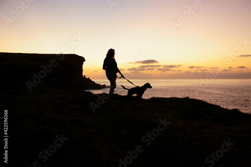 Puesta de sol con la silueta de una chica y su perro.