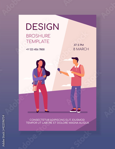 Male journalist interviewing young woman. Microphone, question, dialog flat vector illustration. Show and television concept for banner, website design or landing web page