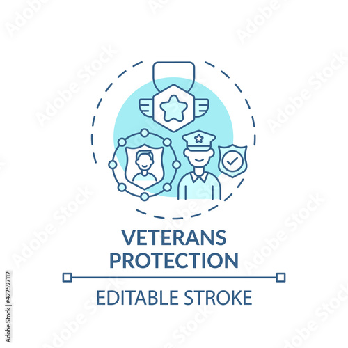 Veterans protection concept icon. Legal services types. Government legaly protects rights of after war people idea thin line illustration. Vector isolated outline RGB color drawing. Editable stroke