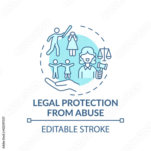 Legal protection from abuse concept icon. Domestic violence survivors support. Laws to grant people rights idea thin line illustration. Vector isolated outline RGB color drawing. Editable stroke