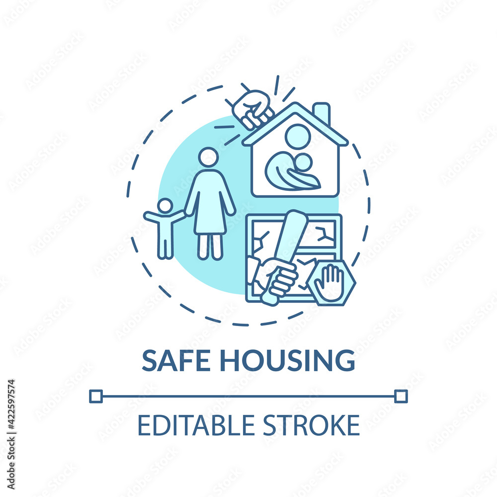 Safe housing concept icon. Domestic violence survivors support. Protect people homes from getting destroyed idea thin line illustration. Vector isolated outline RGB color drawing. Editable stroke