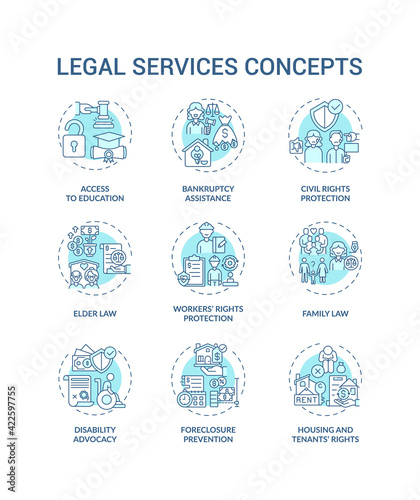 Legal services concept icons set. Access to education. Bankruptcy assistance. Civil rights granting idea thin line RGB color illustrations. Vector isolated outline drawings. Editable stroke