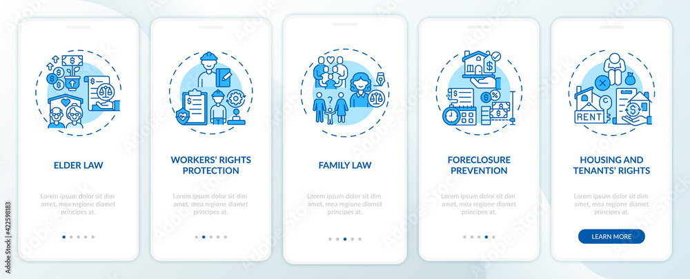 Legal services types onboarding mobile app page screen with concepts. Workers rights protection walkthrough 5 steps graphic instructions. UI, UX, GUI vector template with linear color illustrations