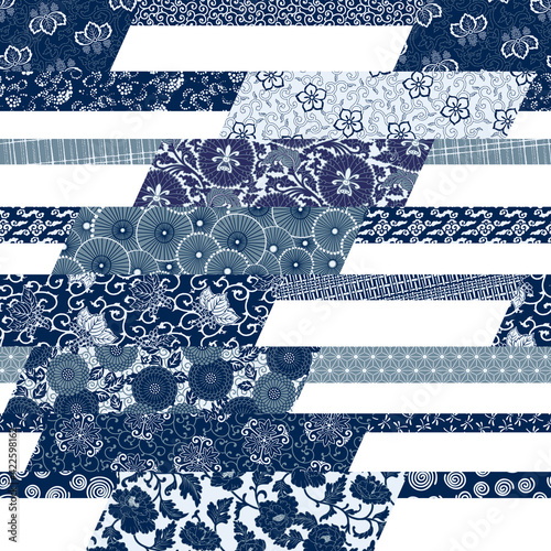 Japanese traditional style fabric patchwork wallpaper  abstract floral vector  seamless pattern