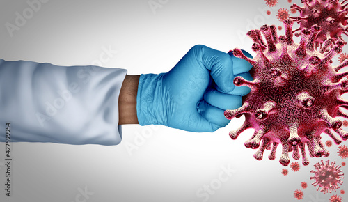 Virus vaccine fight and support for flu or coronavirus medical disease control as a doctor with a surgical glove fighting a group of contagious pathogen cells as a health care metaphor for researching