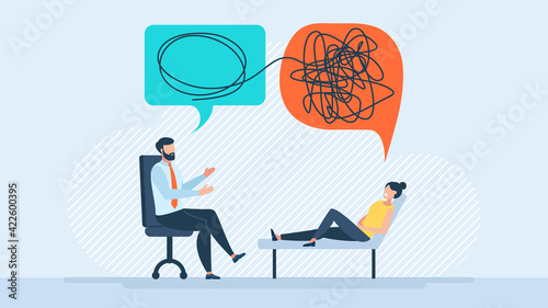 Problem solving. Vector illustration, psychotherapy, unraveling difficult situations flat illustration. The concept of social psychiatry, psychological therapy vector, therapist and patient vector