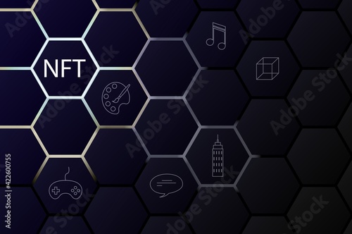 NFT non-fungible token concept on polygonal abstract background. Vector dark banner with hexagon shapes with lights on backdrop and white non fungible token sign. Modern card crypto art illustration.