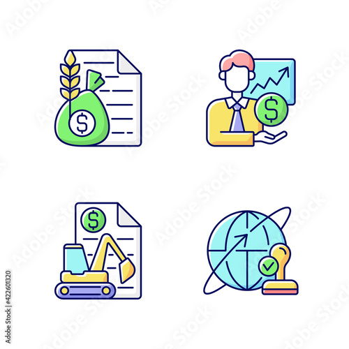 Intermediary services RGB color icons set. Commodity broker. Sponsorship, stock trading. Equipment leasing. Professional intermediary specialist. International shipping. Isolated vector illustrations