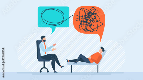 Problem solving. Flat vector illustration, psychotherapy, unraveling difficult situations concept illustration. The concept of social psychiatry, psychological therapy, therapist and patient. Vector