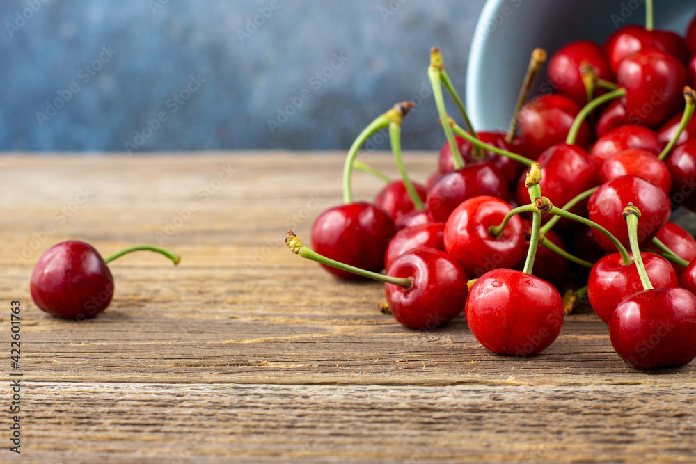 Ripe wet sweet cherries are poured out of the blue bowl on wooden Ripe wet sweet cherries are poured out of the blue bowl on wooden