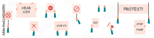 A set of protest banners with inscriptions and signs isolated on white background . People who went to a demonstration or meeting. The concept of protest, strike or revolution. Vector illustration.