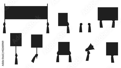 Set of silhouettes of banners for protests isolated on white background. People who went to a demonstration or meeting. The concept of protest, strike or revolution. Vector illustration. Flat style.