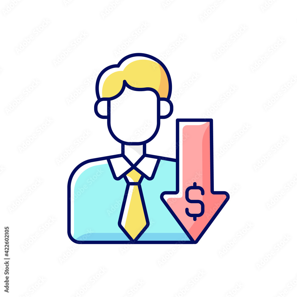 Discount broker RGB color icon. Falling prices. Cost reduction. Financial recession. Economic failure. Businessman with problem. Bankruptcy and money crisis. Isolated vector illustration Discount broker RGB color icon. Falling prices. Cost reduction. Financial recession. Economic failure. Businessman with problem. Bankruptcy and money crisis. Isolated vector illustration