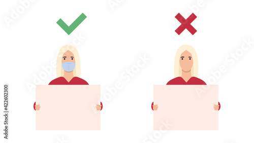 A young woman in a medical mask who came to a demonstration or meeting with banners in her hands. Concept of protest, strike or revolution during COVID-19. Vector illustration. Flat style.