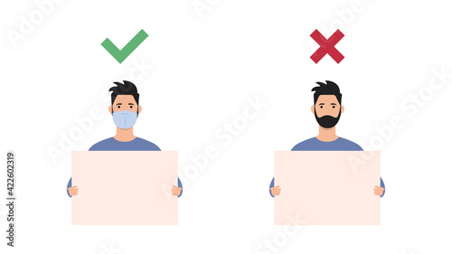 A young man in a medical mask who came to a demonstration or meeting with banners in his hands. Concept of protest, strike or revolution during COVID-19. Vector illustration. Flat style.