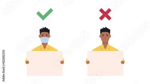 A young man in a medical mask who came to a demonstration or meeting with banners in his hands. Concept of protest, strike or revolution during COVID-19. Vector illustration. Flat style.