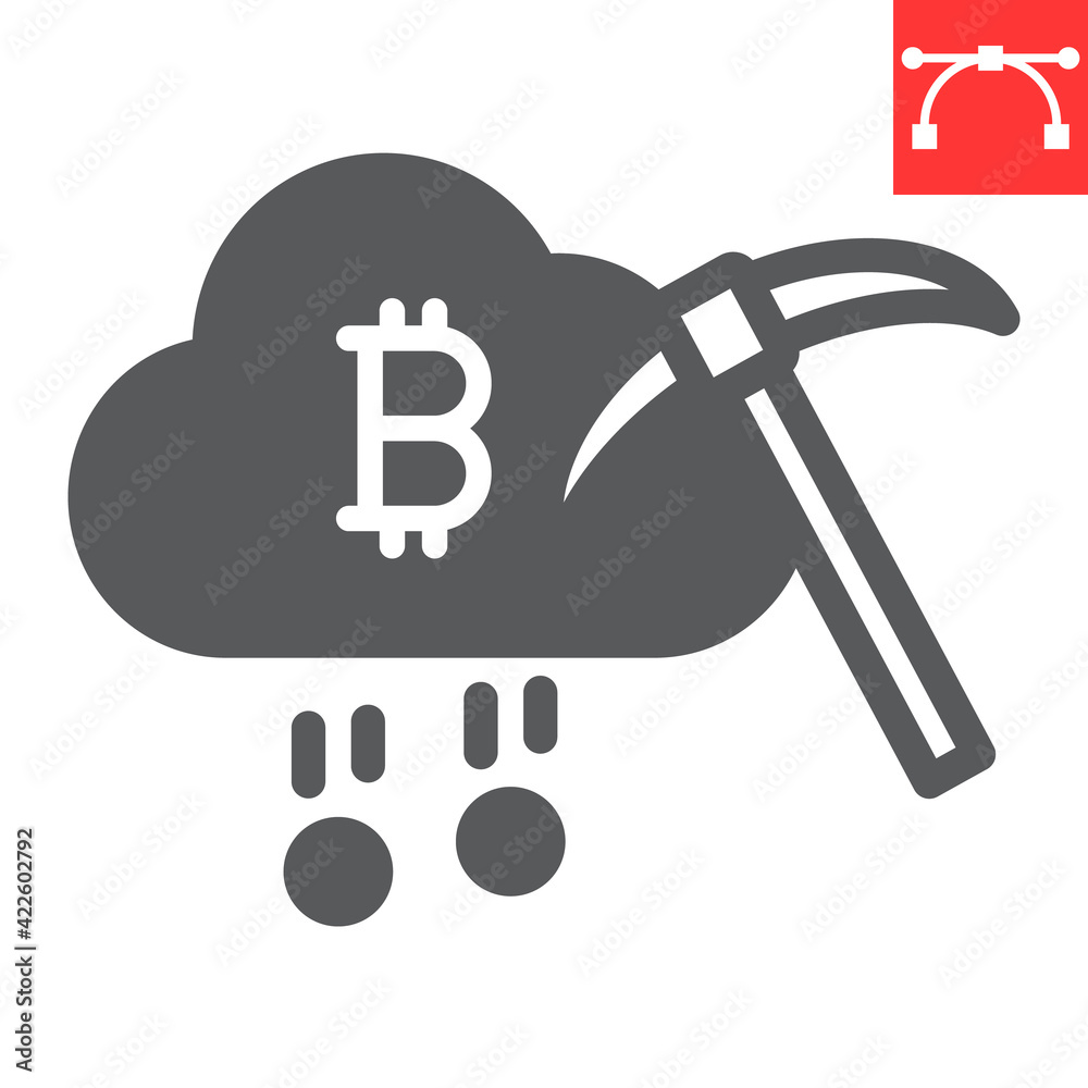 Cloud mining glyph icon, cryptocurrency and bitcoin, cloud with pickaxe vector icon, vector graphics, editable stroke solid sign, eps 10. Cloud mining glyph icon, cryptocurrency and bitcoin, cloud with pickaxe vector icon, vector graphics, editable stroke solid sign, eps 10.