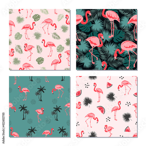 Seamless flamingo birds pattern. Vector set of tropical backgrounds with flamingos and leaves.