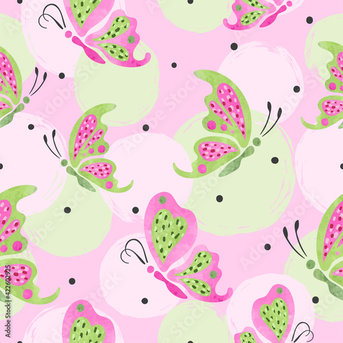 Flying butterflies pattern. Vector seamless pink and green illustration. Fashion print