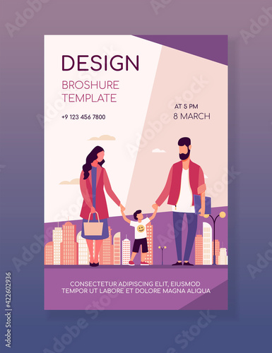 Happy family walking in city. Boy holding mom and dad hands flat vector illustration. Parents, childhood, lifestyle concept for banner, website design or landing web page